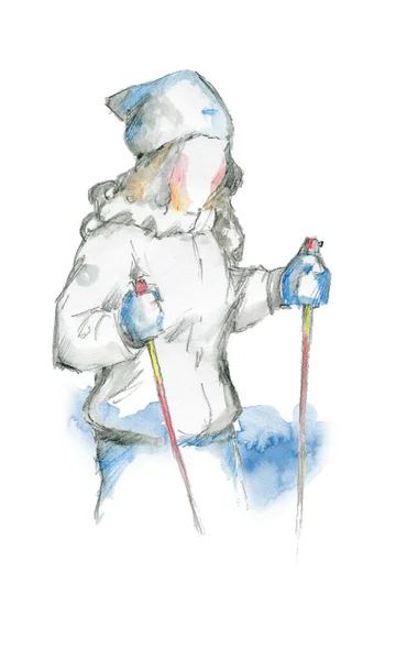 The girl in the ski outfit with ski poles — Stock Photo, Image