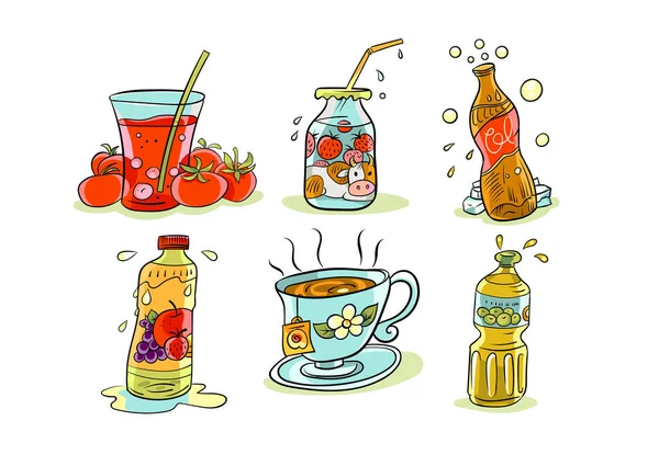 A collection of cartoon icons with images of various food products in particular beverages — Διανυσματικό Αρχείο