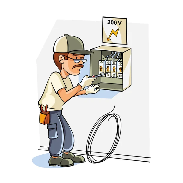 Специалист-электрик возле приборной панели электроприборов — стоковый вектор