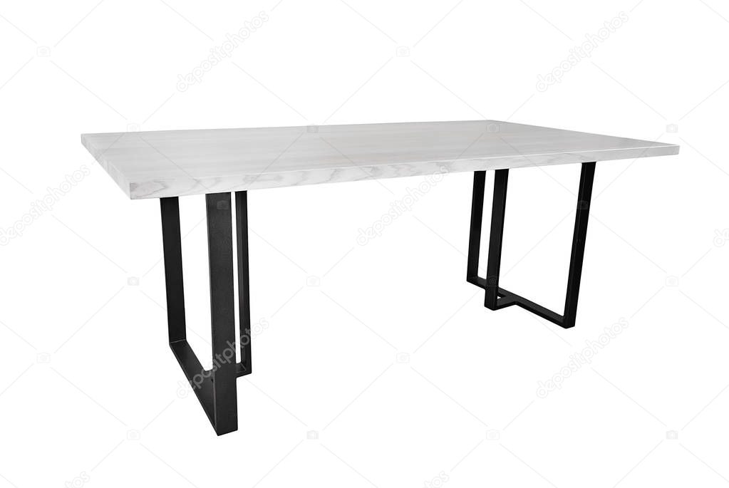 A wooden or stone table on a white background on iron legs