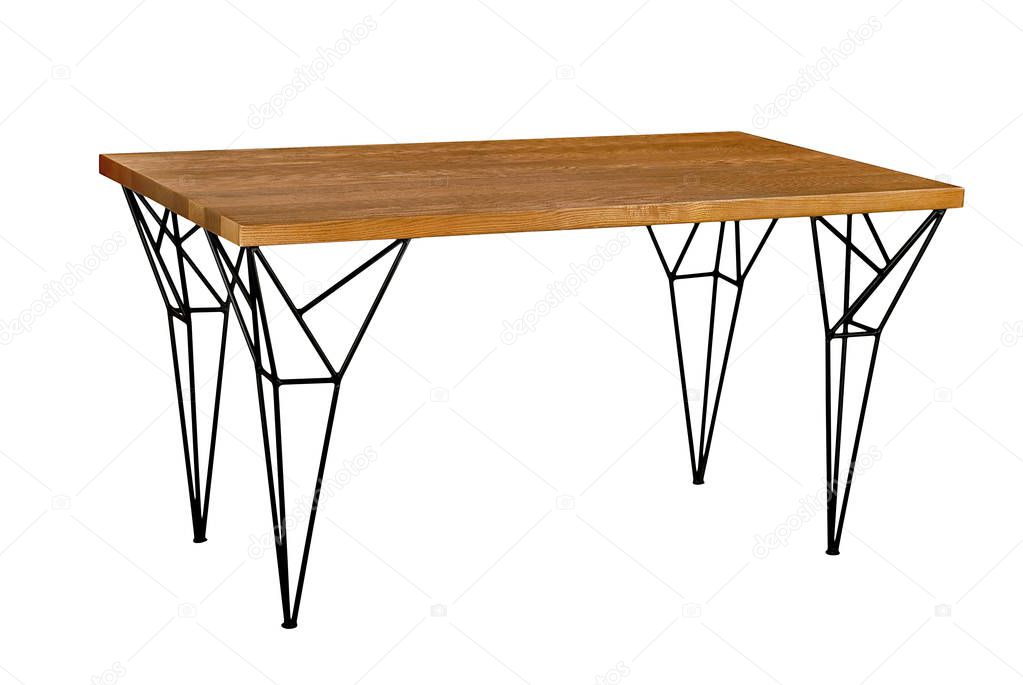 A wooden or stone table on a white background on iron legs