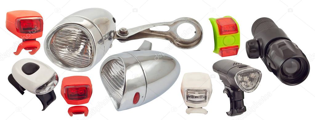 a set of different bicycle headlights on a white background