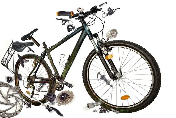 Reservdelar Från Cykeln Flyger Runt Cykel Med Reservdelar Isolerade Vit — Stockfoto