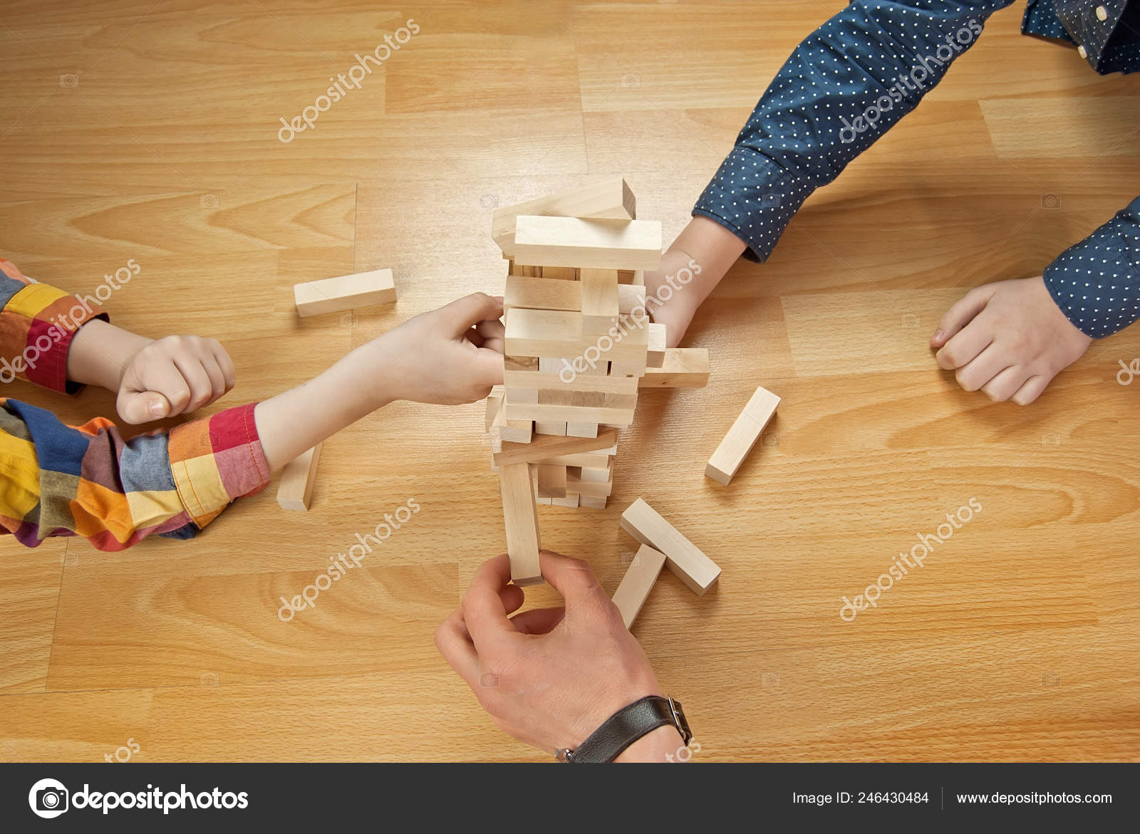 Children Played Designer Floor Hands Close Build Wooden Tower