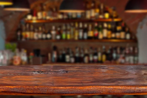 Mockup Blurred Bar Background Wooden Board Foreground — Stock Photo, Image