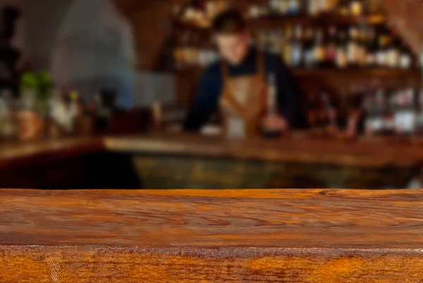 Mockup Blurred Bar Background Wooden Board Foreground — Stock Photo, Image