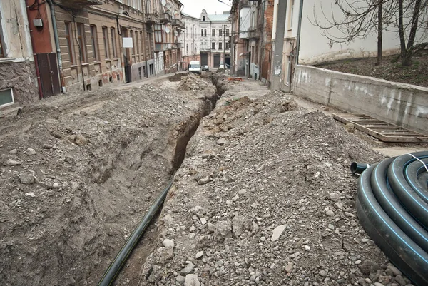 Street City Torn Construction Laying Pipelines Sewerage Chernivtsi Ukraine Europe — Stock Photo, Image