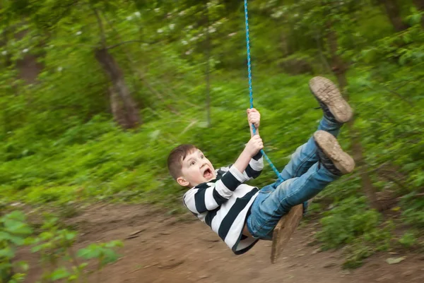 Children Riding Swing Park Guys Homemade Swing Ropes Boards Light — Stock Photo, Image
