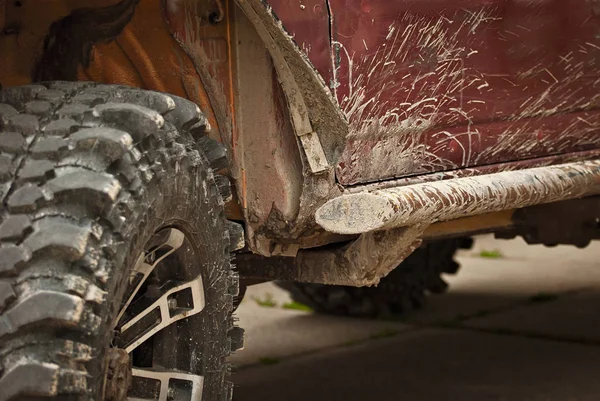 Wheels Lights Bumper Laced Swamp Dirty Parts Jeep Close — Stock Photo, Image