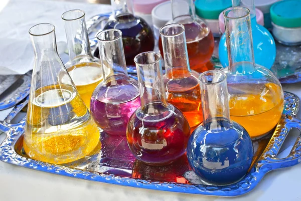 Tubi Vetro Con Liquido Multicolore Dimostrazione Esperimenti Chimica Biologia Alla — Foto Stock