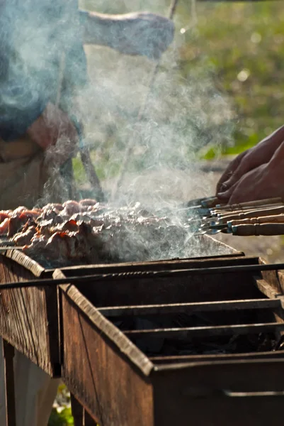 Kousky Masa Grilu Grilování Festivalu Sýr Pečené Telecí Špejlích — Stock fotografie