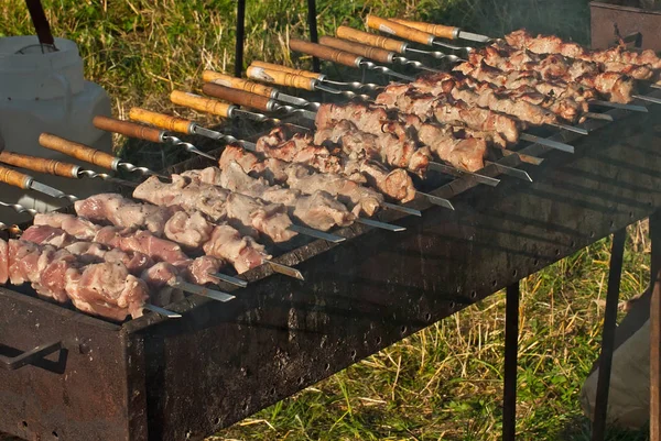 Skiva Köttbitar Grillen Grill Festivalen Ost Och Rostad Kalv Spett — Stockfoto