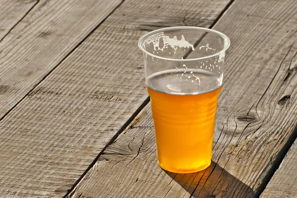 Beer Plastic Glass Close Alcoholic Beverage Festival Bakal Wooden Board — Stock Photo, Image