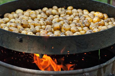 Büyük bir tavada patates kızartması. Festivalde nefis yemekler. Mutfak ocakta. Genç yuvarlak patatesler yağda kızartılır..