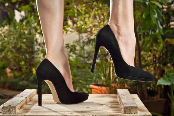 Black suede shoes for women\'s leg. The girl walks in shoes. Classic shoes on the background of tropical plant arranger.