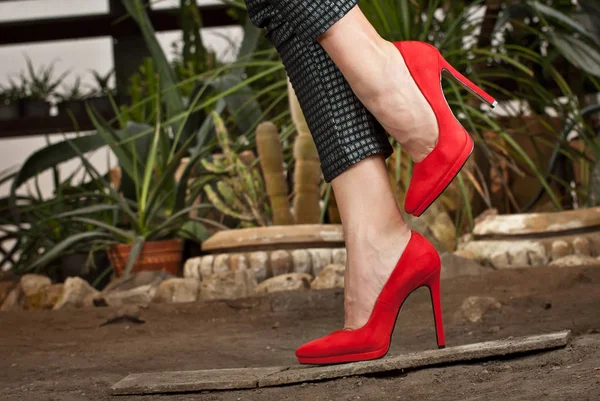 女性の脚のための赤いスエードの靴 その少女は靴を履いて歩く 熱帯植物アレンジャーの背景に古典的な靴 — ストック写真