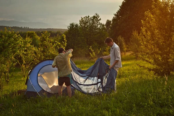 Homens Põem Uma Tenda Relva Homem Ensina Rapaz Acampar Floresta — Fotografia de Stock