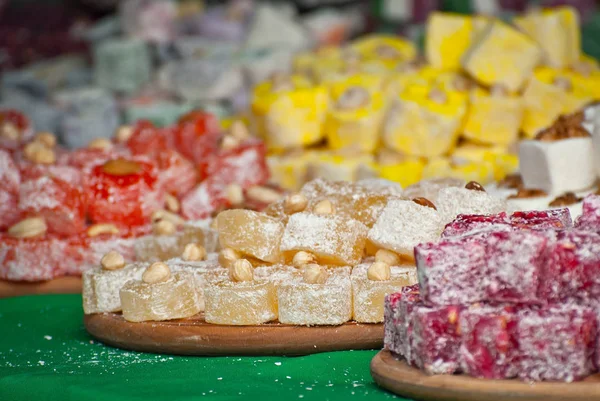 Turkish National Sweets Sold Fair Multi Colored Asian Desserts Stacked — Stock Photo, Image