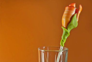 Bir gül şeklinde ahşap bir sopa üzerinde şeker. Parlak bir arka plan üzerinde izole bir çiçek şeklinde sarı, turuncu ve yeşil lolipop.