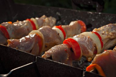 Kömürlerde barbekü kızartması. Tarla mutfağı festivalinde et ve sığır eti. Akşamları dışarıda yemek pişirmek.