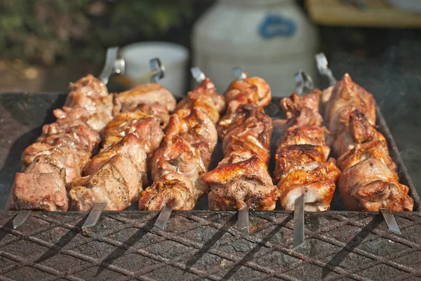 Pedaços Carne Grelha Churrasco Festival Queijo Vitela Assada Espetos — Fotografia de Stock