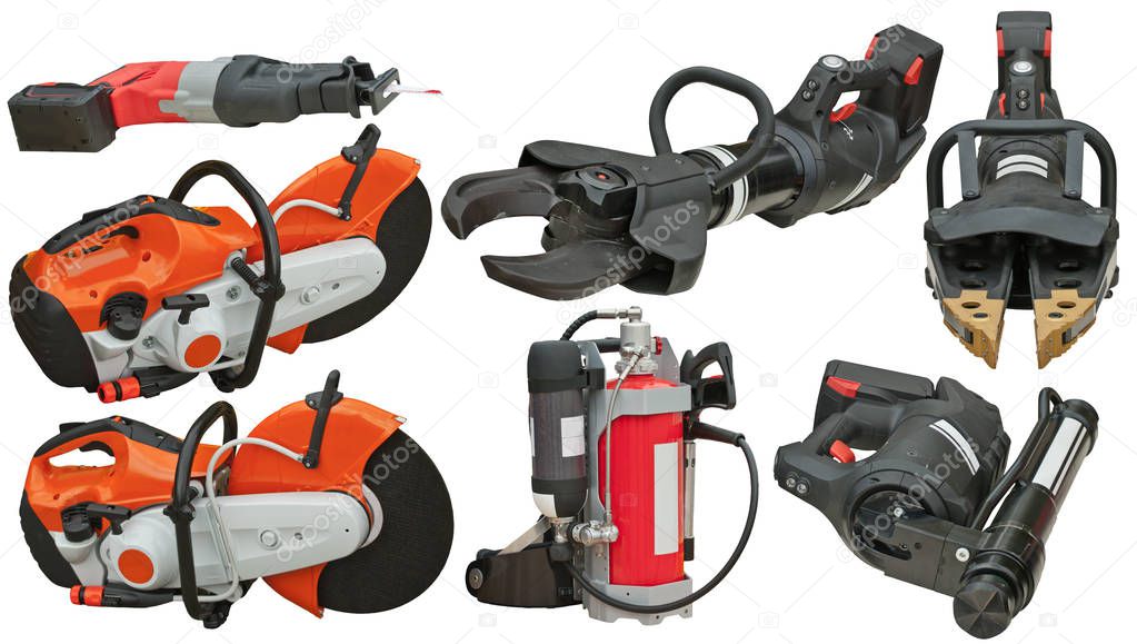 Equipment for firefighters and rescue services. Powerful tools isolated on a white background. Isolate new equipment for rescue and quick access to accident sites. Clamps, balloons, Bulgarians.