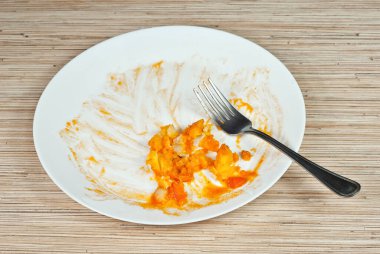 Tahta bir masada beyaz bir tabakta patates. Portakal soslu haşlanmış patates. Kirli bir tabakta çatalla yemek artıkları..