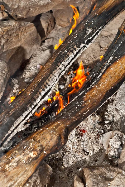 Firewood burns in the fire. Red hearth and ashes close up.