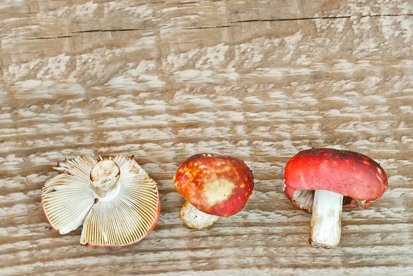 Russula Fungo Emetica Una Tavola Legno Funghi Crudi Vecchio Sfondo — Foto Stock