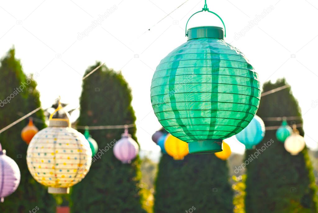 Paper lanterns hang on a string. Many lanterns on a background of green thuja.