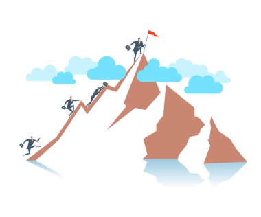 Mutlu genç işadamı dağın onun bayrağını ayarlar.