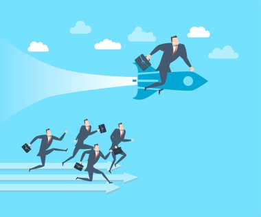 Mutlu genç işadamı roket üzerinde rakiplerinden önde