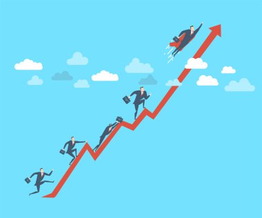 Mutlu genç iş adamı bir süper kahraman sinek kadar başarı olarak. Düz vektör çizim