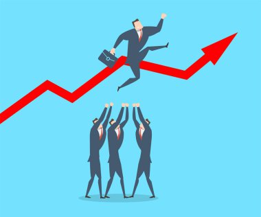 Ekip çalışması kavramı. İş adamları bir grup liderleri ellerine atar.