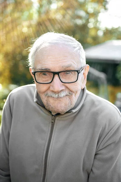 cheerful gray-haired old man looks at the interlocutor and smiles. The old man cant see very well without his glasses. Portrait of a cheerful old man with glasses close-up