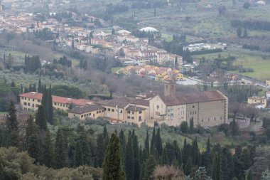İtalya, Fiesole - 12 Şubat 2017: Hava görünümünü Badia Fiesolana Manastırı üzerinde 12 Şubat 2017, Fiesole Toskana, İtalya.