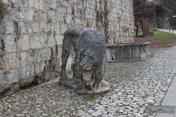 Italien Brescia December 2017 Beskåda Forntida Lejon Skulptur Slottet Brescia — Stockfoto