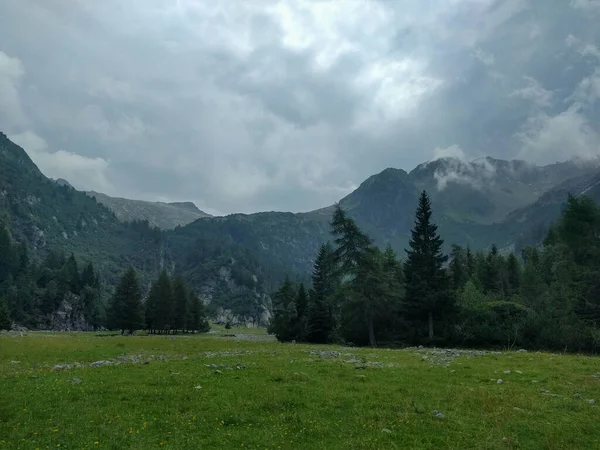 Vista Della Valle Montagna Con Erba Verde Alberi Nuvole Sullo — Foto Stock