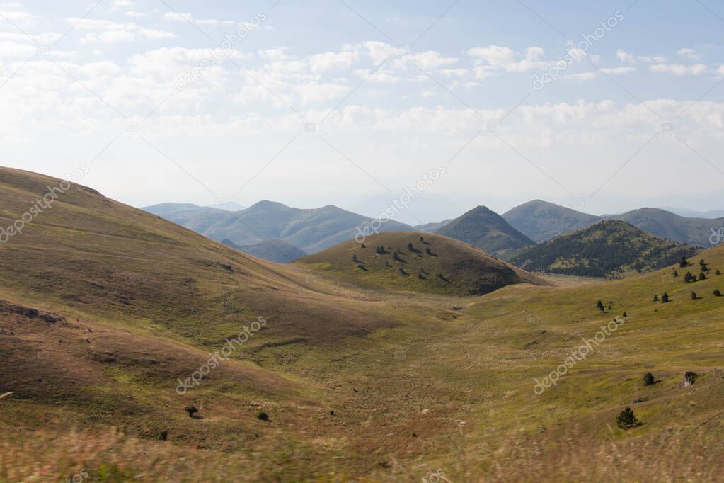 The view of mountain landscape in a sunny day, Gran Sasso and Monti della Laga National Park, Abruzzo, italy.