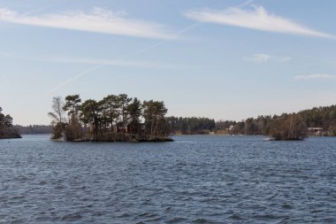 İsveç 'te ağaçlar arasında küçük bir adadaki kırmızı İsveç evi manzarası.