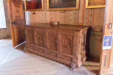 Mariefred, İsveç - 20 Nisan 2019: Eşsiz mobilyaların 20 Nisan 2019 tarihinde Mariefred, İsveç 'teki Gripsholm Kalesi' nde detaylı görünümü.