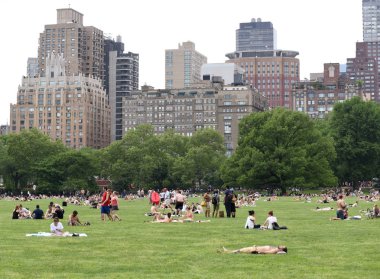 New York, ABD - 26 Mayıs 2018: İnsanlar rahatlamak koyun çayırda Central Park ve gökdelenler arka plan, Manhattan'ın üzerinde.