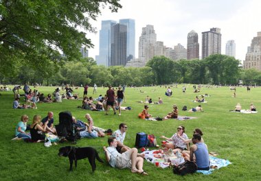 New York, ABD - 26 Mayıs 2018: İnsanlar rahatlamak koyun çayırda Central Park ve gökdelenler arka plan, Manhattan'ın üzerinde.