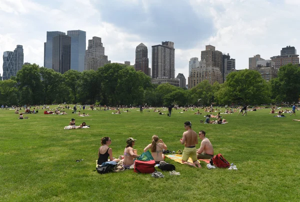 New York, ABD - 26 Mayıs 2018: İnsanlar rahatlamak koyun çayırda Central Park ve gökdelenler arka plan, Manhattan'ın üzerinde.