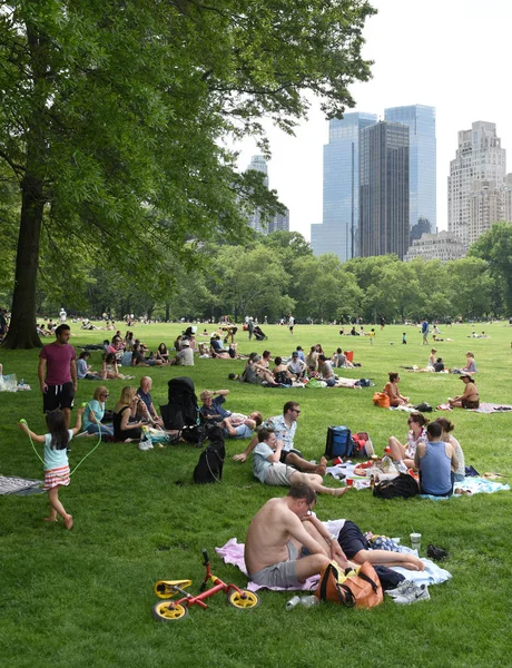 New York, ABD - 26 Mayıs 2018: İnsanlar New York'taki Central Park'ta çayır üzerinde sakin ol.