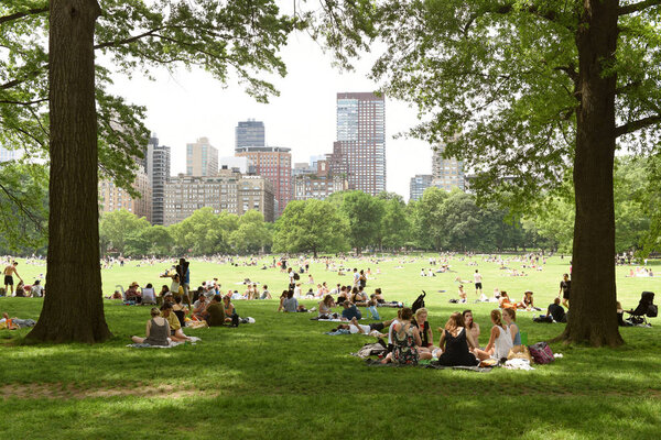 New York, USA - May 26, 2018: People relax on Sheep Meadow in Central Park and skyscrapers of the Manhattan at the background.