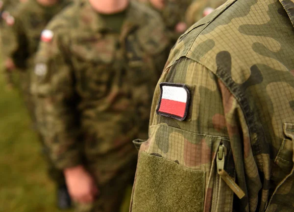 Bandeira Polaca Braço Dos Soldados Uniforme Militar Polónia Polônia Tropas — Fotografia de Stock