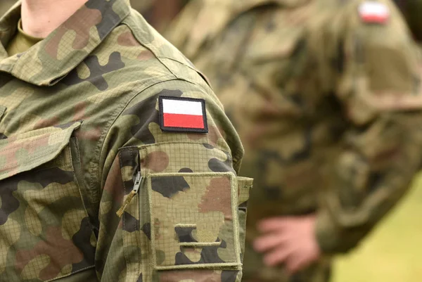 Bandeira Polaca Braço Dos Soldados Uniforme Militar Polónia Polônia Tropas — Fotografia de Stock