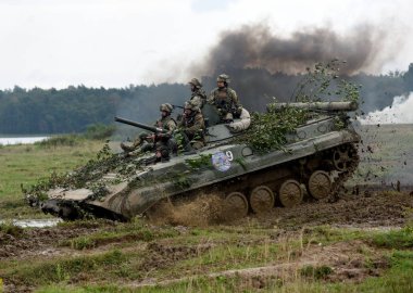 Starytchi, Ukrayna - 6 Eylül 2018. Amerika Birleşik Devletleri ve diğer Nato ülkelerinin Lviv Bölgesi, Ukrayna ile askeri tatbikatları. Hızlı Trident - 2018 askeri tatbikatlar Ukrayna.