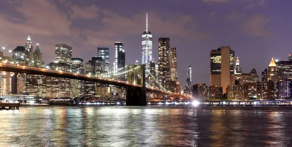 New York City Finansdistriktet Lower Manhattan Med Brooklin Bro Natten — Stockfoto